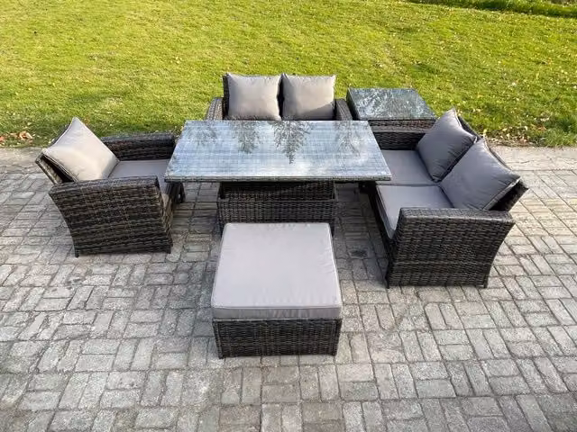 Fimous 6-Piece Rattan Outdoor Garden Furniture Set in Dark Grey with Height Adjustable Lifting Table and Footstool