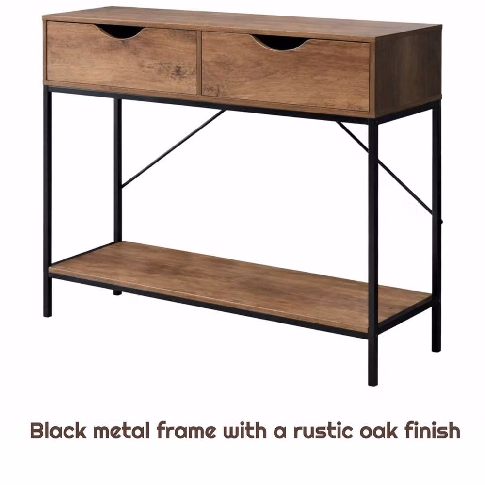 FORGEVIO Modern 2 Tier Console Table with Drawer, Black Metal Frame and Multicolour Wood, W/D/H: 75 x 30 x 80 cm – 3