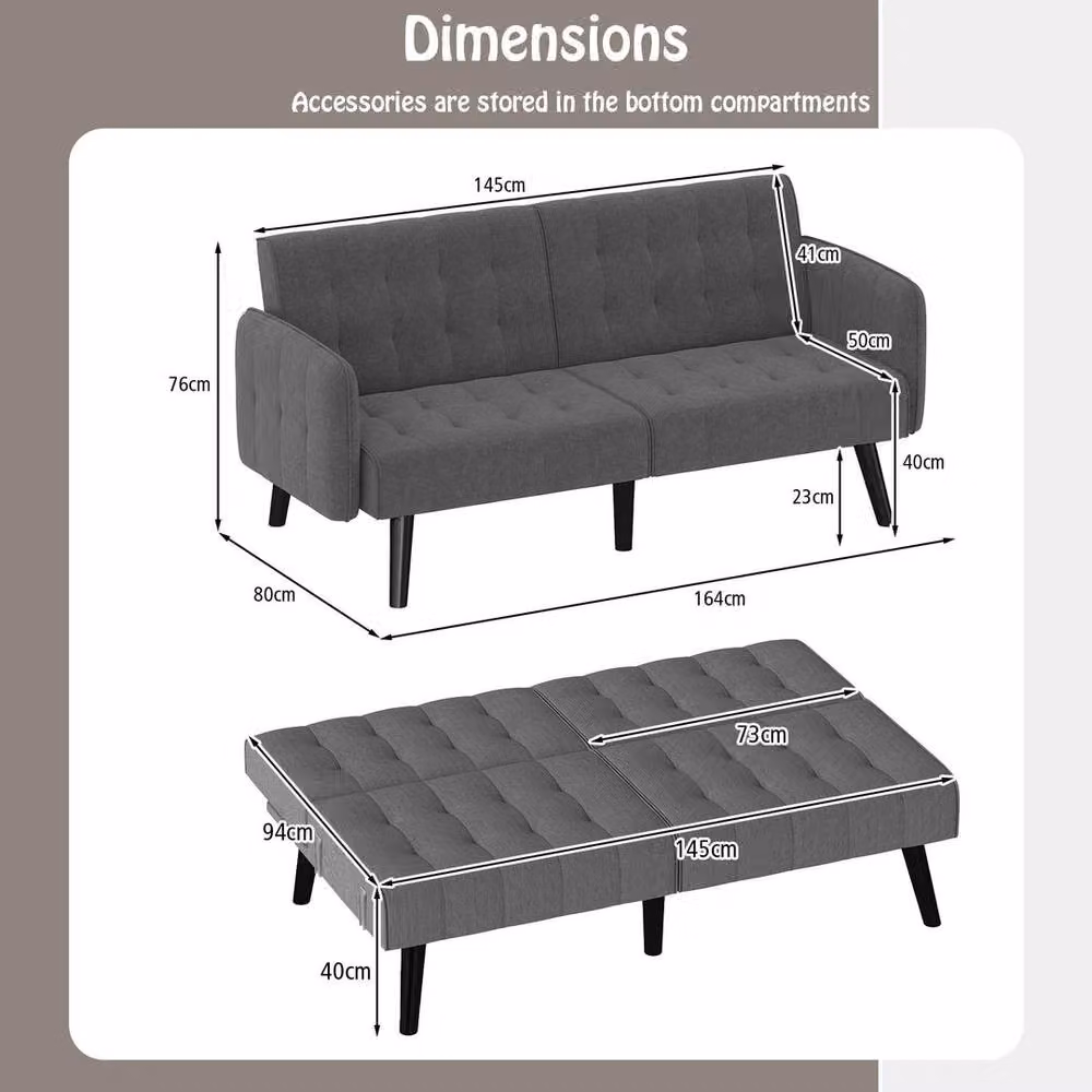 KORVIXA Grey Convertible Futon Sofa Bed with Adjustable Headrests and Solid Wood Frame, 164 cm – 2
