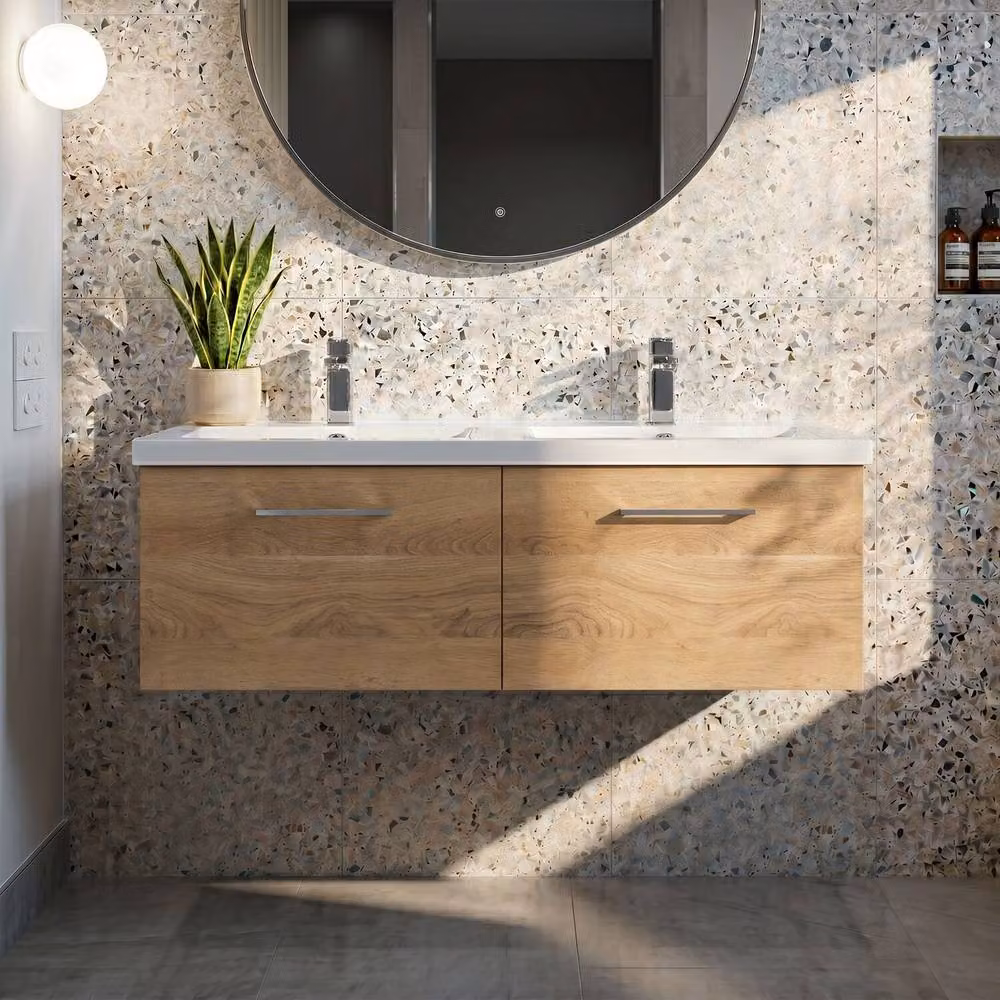 Balterley Level 1200mm Wall Hung 2 Drawer Unit with Double Basin in Bleached Oak Brown – 3