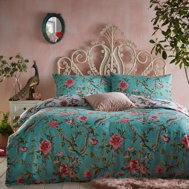 Terrys Reversible Vintage Floral Duvet Cover Set in Green and Blue, W: 140 cm, H: 200 cm