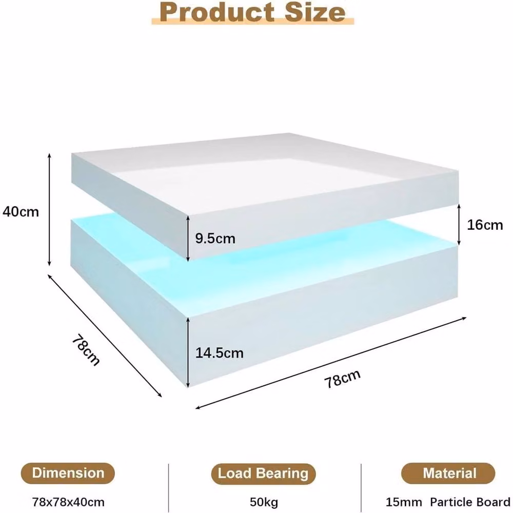 NESTLUNE High Gloss Square LED Coffee Table in White, W: 100 cm, D: 15 cm, H: 15 cm – 2