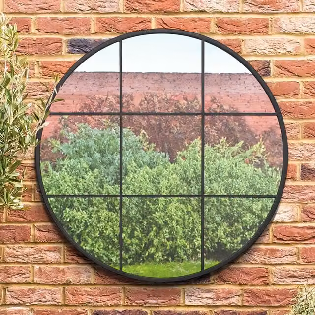 MirrorOutlet Circulus Modern Round Metal Frame Garden Wall Mirror, Black, Diameter: 100 cm