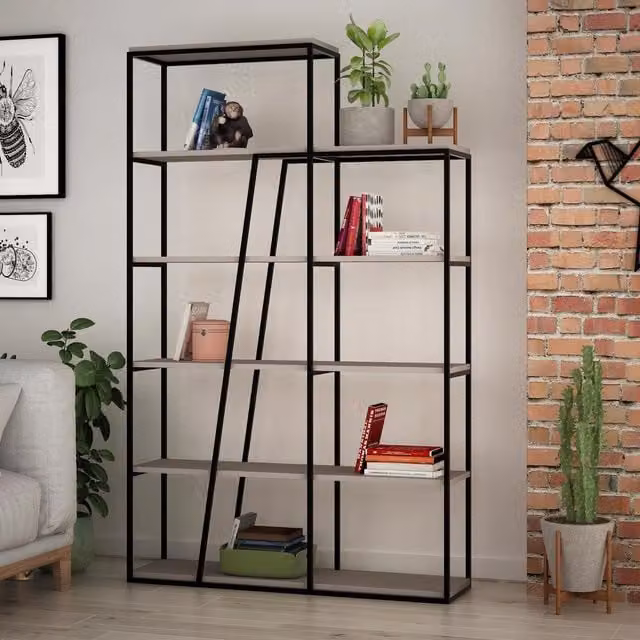 FWStyle Industrial Style Metal Bookshelf in Black and Mocha Grey