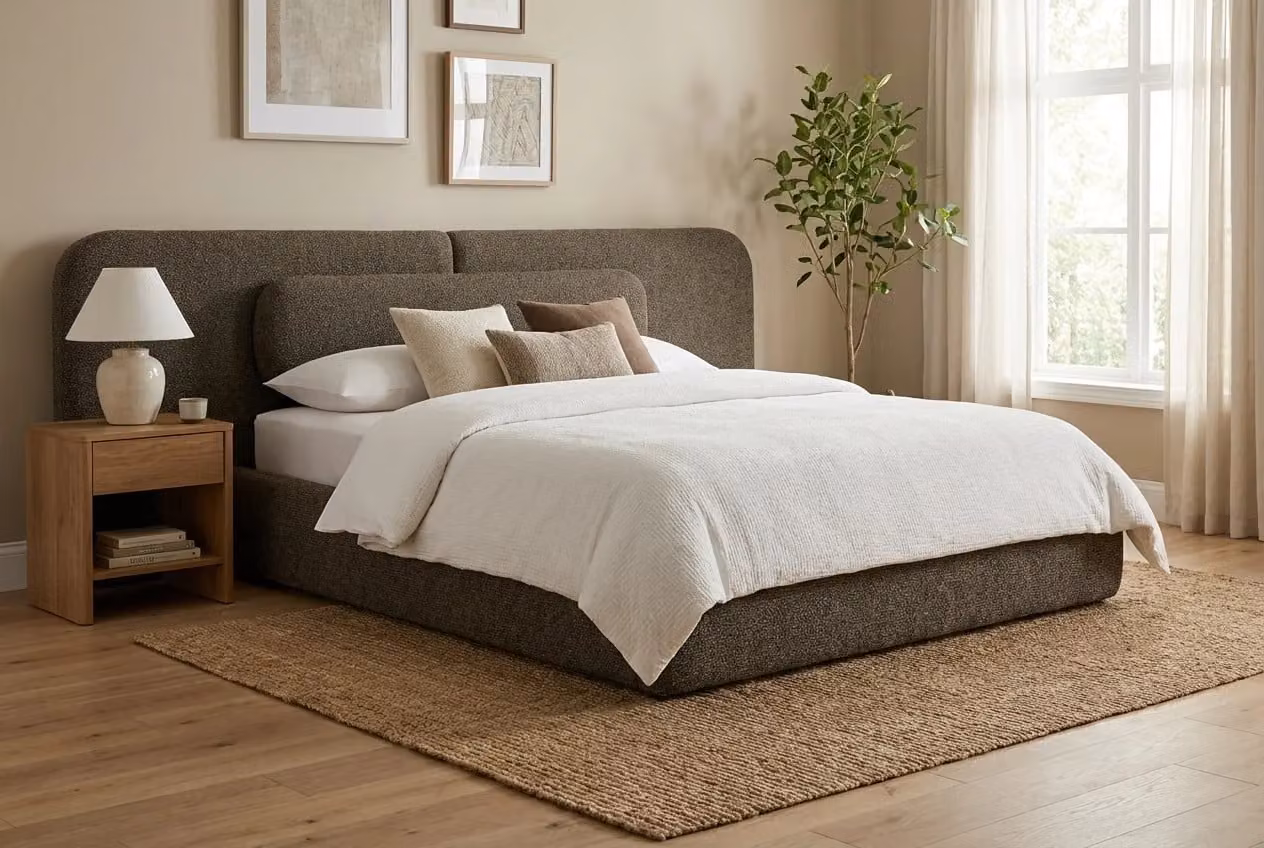 Araco Atelier Nova Upholstered Bed in Porcini Brown and Beige