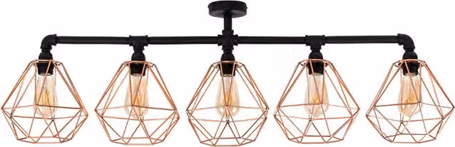 Luiggi 5 Way Black Ceiling Bar Light with Diablo Copper Painted Metal Wire Frame Shade