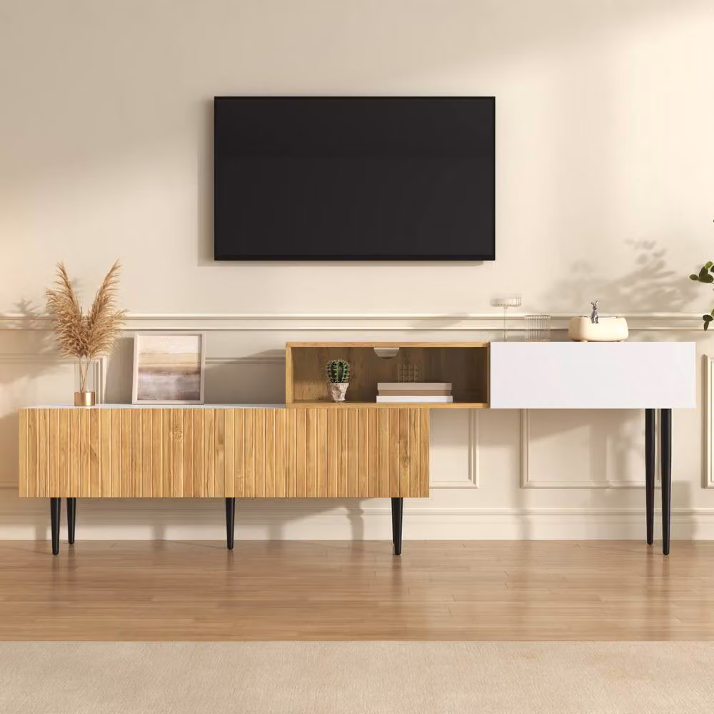 Merax Extendable Modern White TV Stand with Media Storage and Integrated Channel, W: 130-220 cm, D: 30 cm, H: 63.5 cm – 2
