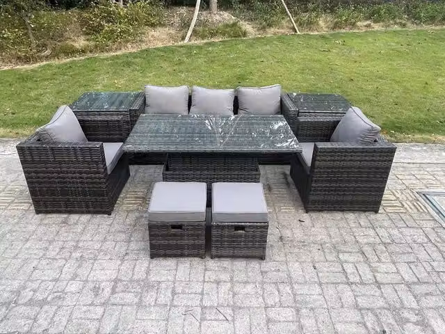 Fimous Rattan Garden Furniture Set with Adjustable Rising Dining Table, Sofa, Chairs, 2 Side Coffee Tables and 2 Stools in Dark Grey