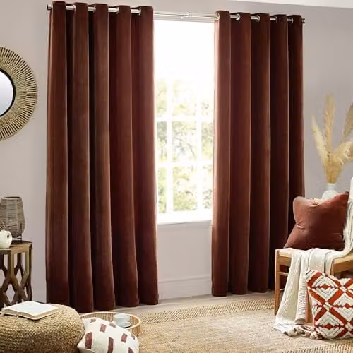 Riva Home Brown Chenille Velvet Eyelet Curtain Pair, W: 168 cm, H: 229 cm