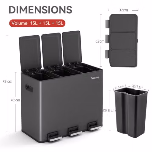 MCC Direct 45L Stainless Steel Kitchen Recycling Pedal Bin with Soft-Close Lids and Removable Inner Buckets, Grey – 2
