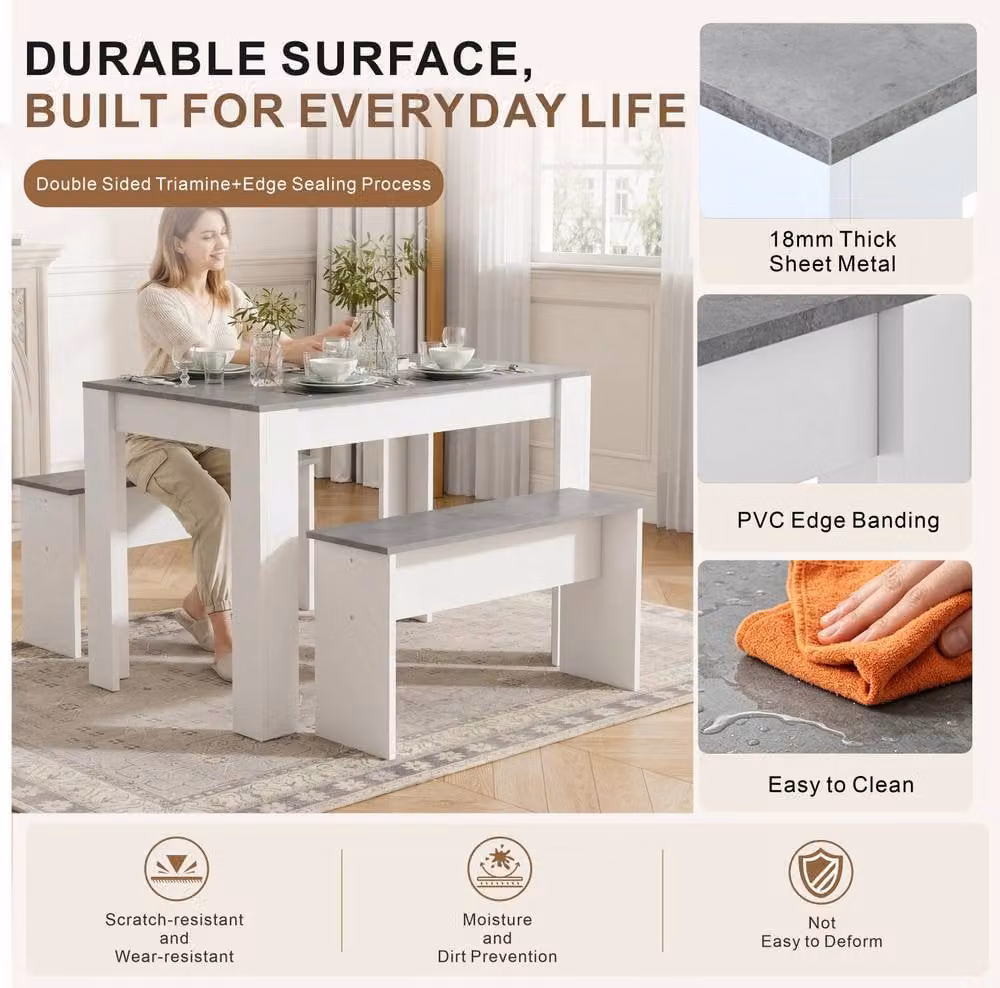 Abrihome 3-Piece Modern Dining Table and Bench Set in Grey and White for 4 Adults – 2