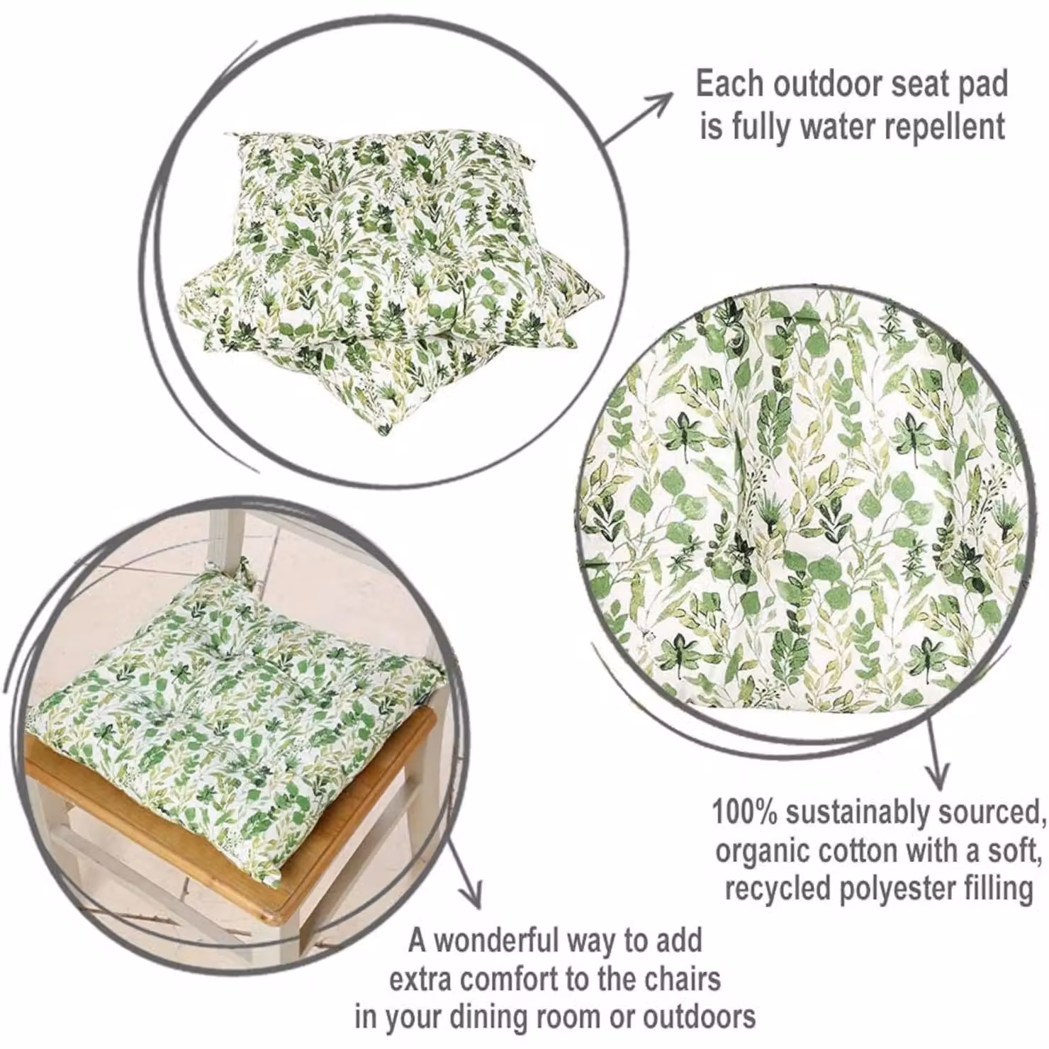 Dibor Set of 4 Green Leaf Print Cotton Outdoor Garden Chair Seat Pad Cushions, W: 40 cm x D: 40 cm x H: 40 cm – 5