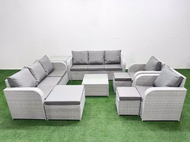 Fimous PE Rattan Patio Lounge Set in Light Grey with 3 Seater Sofa, Reclining Chair, 3 Stools, and Square Coffee Table