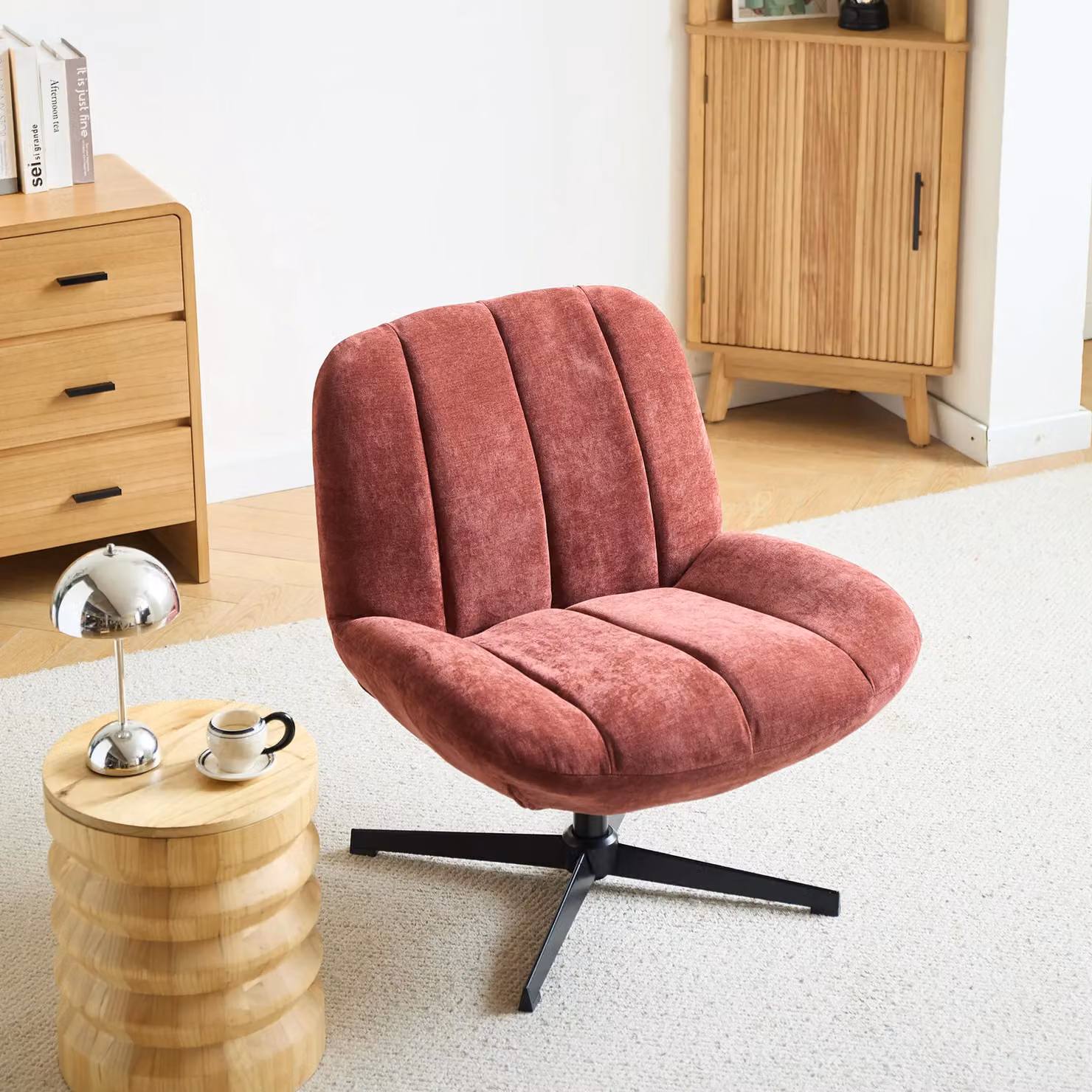 Nordlys Red Scandinavian Design Swivel Armchair with Metal Frame and Fabric Upholstery – 3