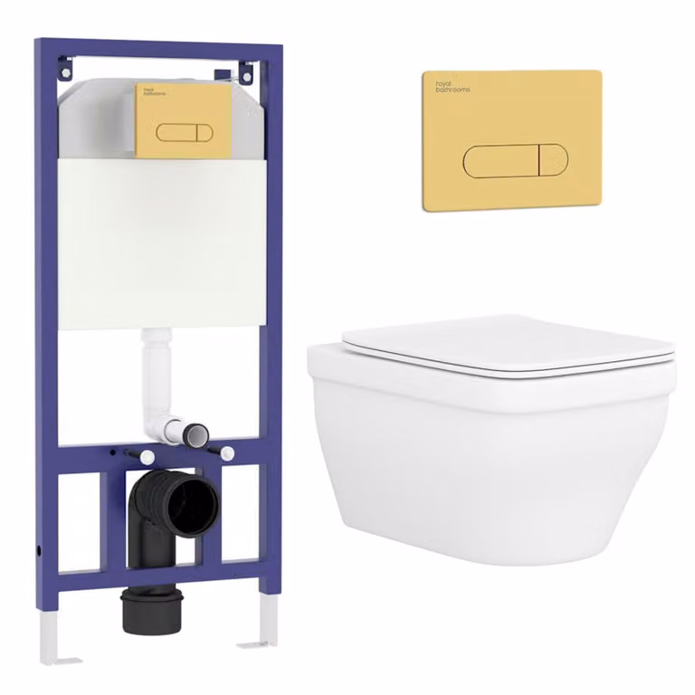 Royal Bathrooms Evora Wall Hung Rimless Ceramic Toilet with Slim Soft Close Seat and Aqua Brushed Brass Plate Wall Hung Frame in White and Gold