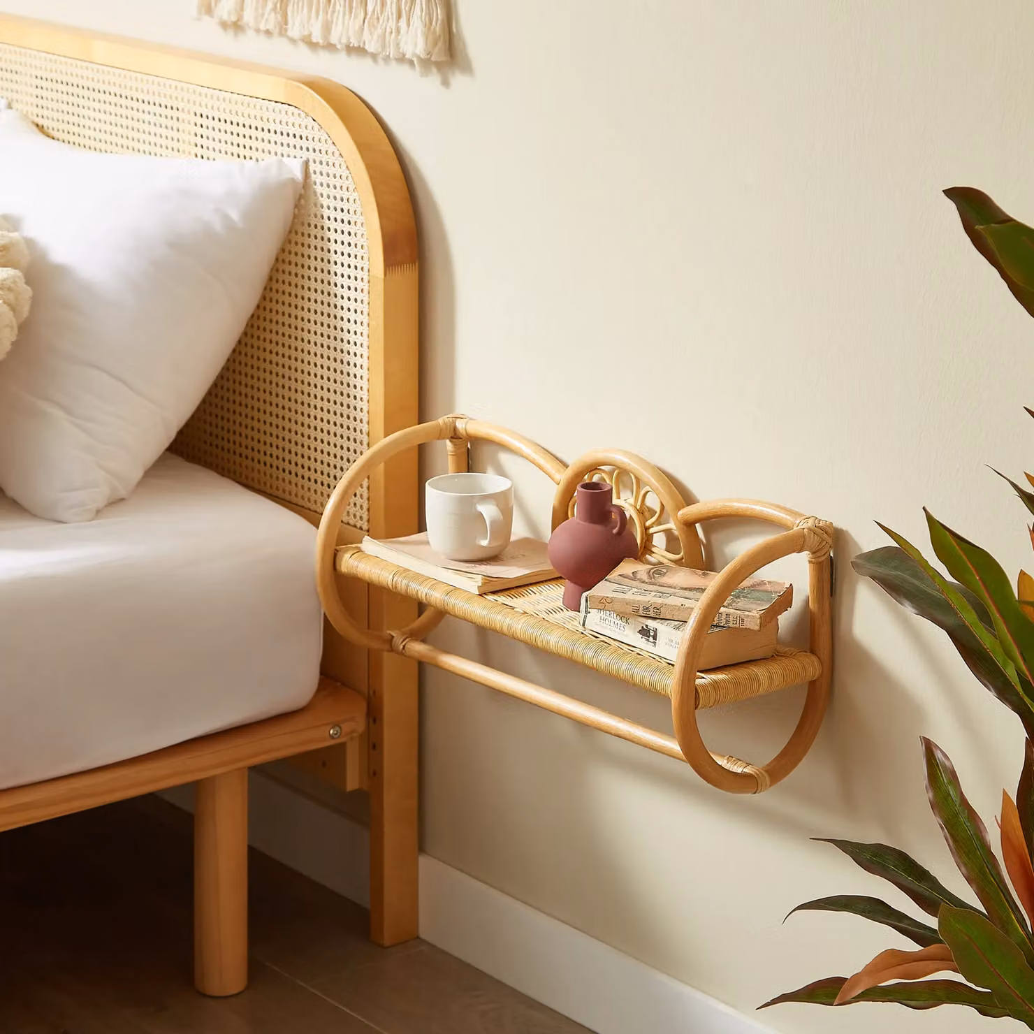 Nordlys Scandinavian Wall Mounted Hanging Storage Shelf in Brown Natural Rattan – 2