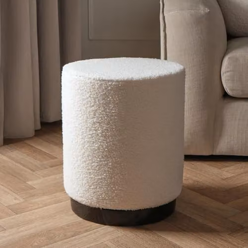 OHS Boucle Cube Ottoman Stool with Black Metal Frame in Cream