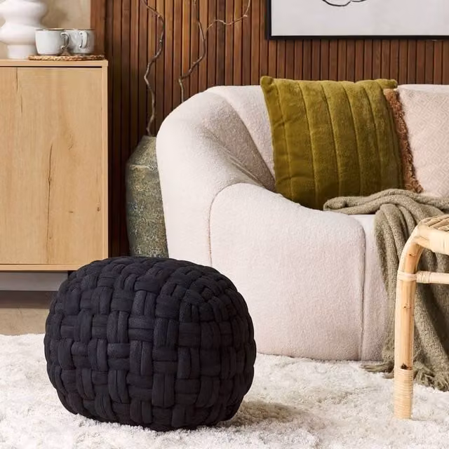 Wyld Haus Soft Body Velvet Pouffe in Black, Cylindrical Geometric Design, H 45 x W 35 x D 35 cm