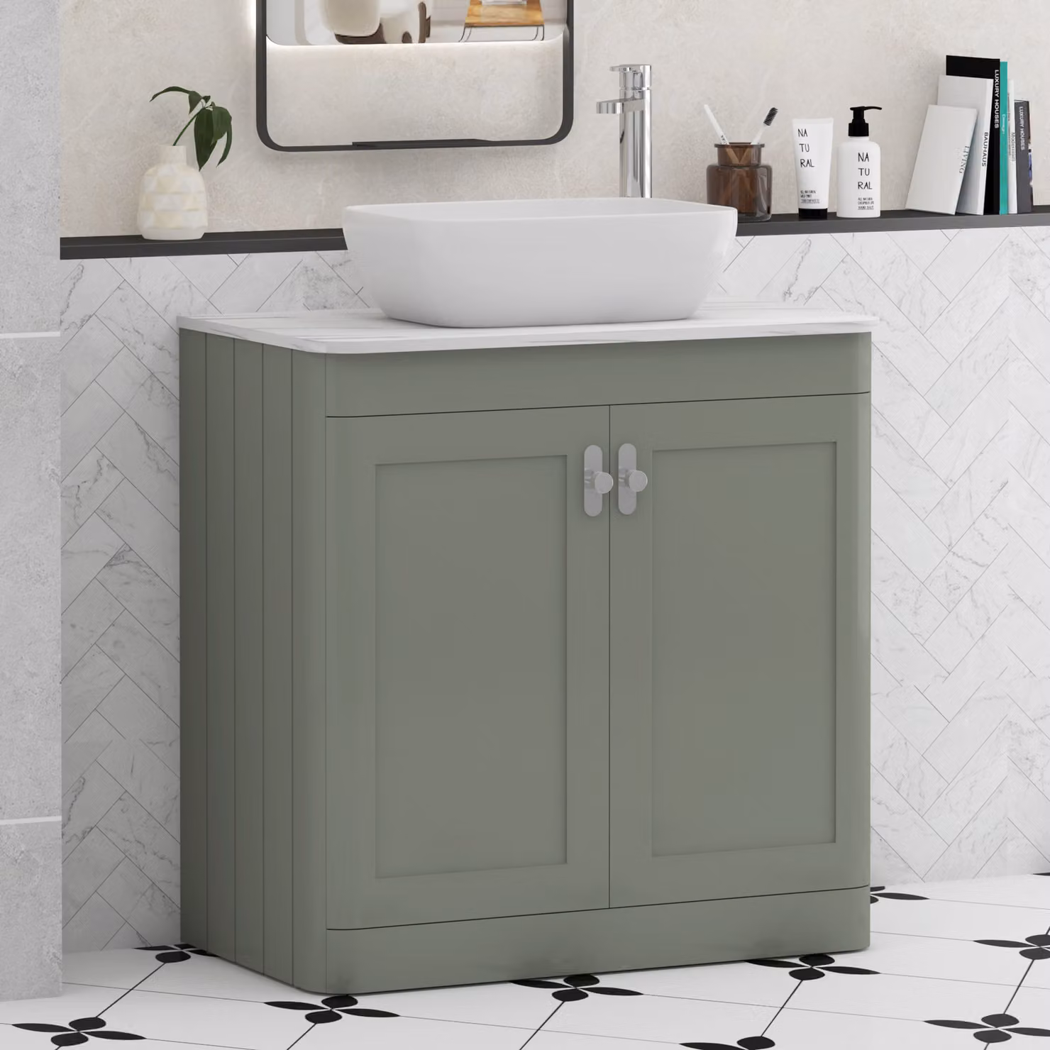 Royal Bathrooms Henley 800mm Sage Green Floor Standing 2 Door Vanity Unit with Elva Basin and Chrome Knob