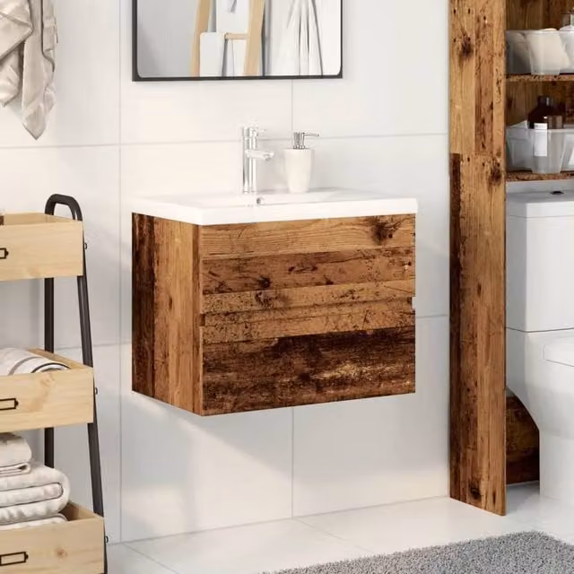 Berkfield Home Sink Cabinet with Built-in Basin in Brown Old Wood W: 61 cm, D: 38.5 cm, H: 49 cm