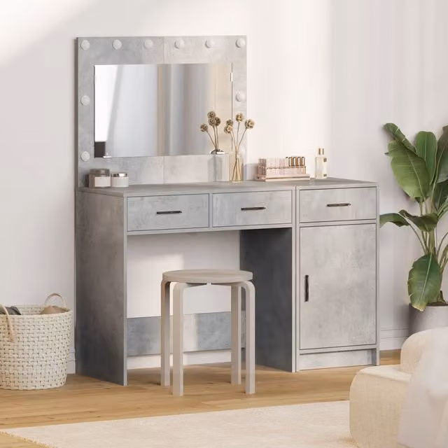 Berkfield Home 2-Piece Modern Dressing Table Set with LED in Grey Matt MDF – 1