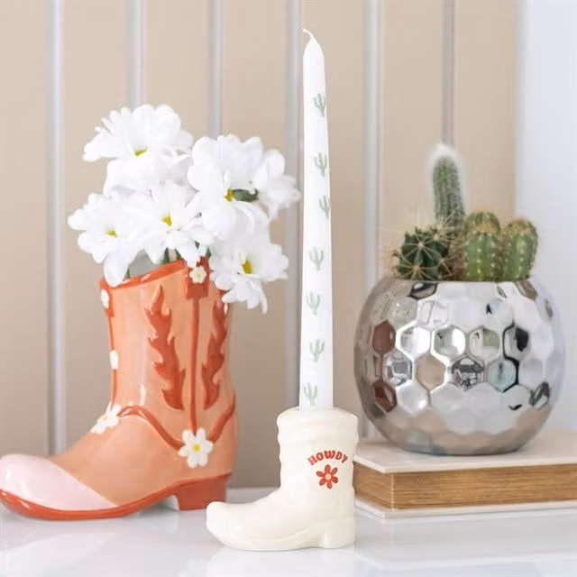 KDMK White Ceramic Cowboy Boot Candle Holder with Taper Candle and Cactus Design