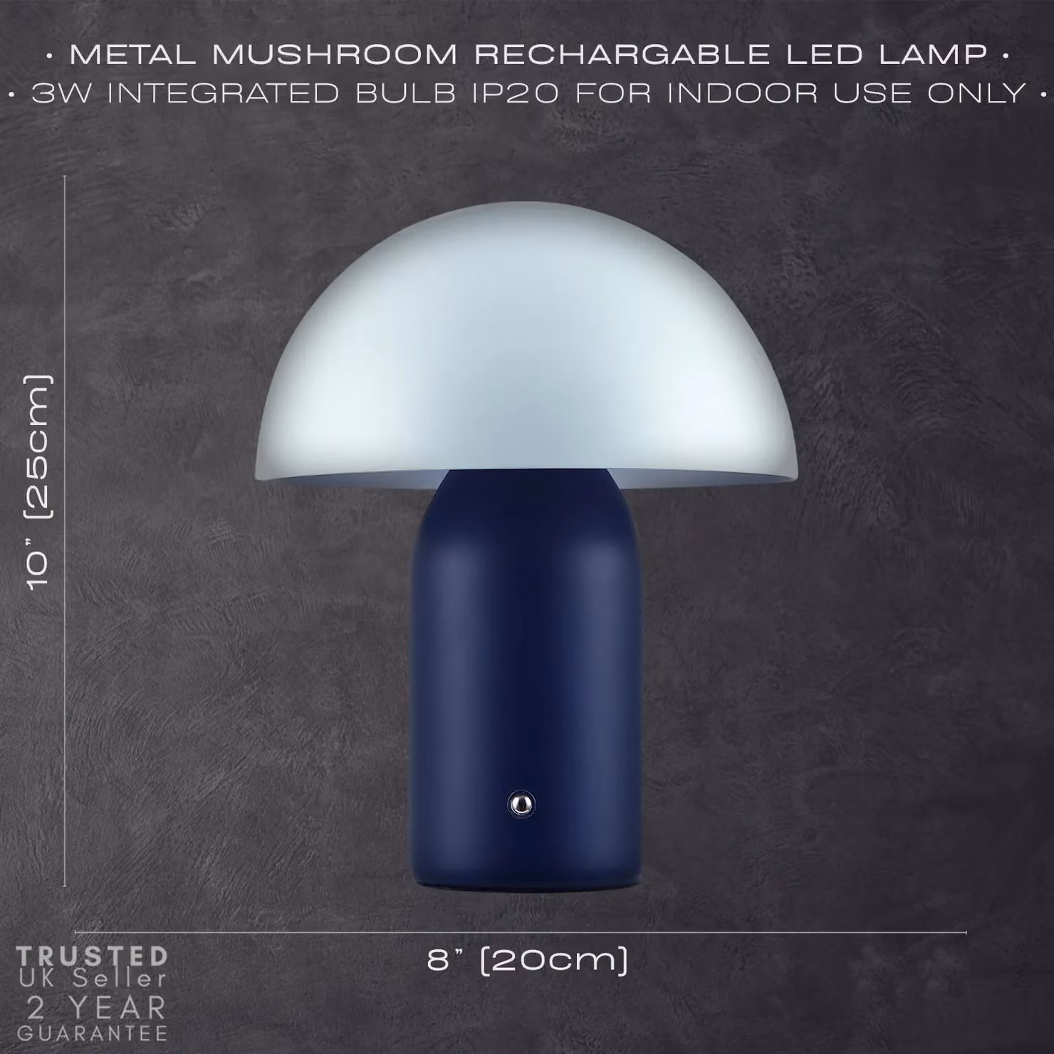 Happy Homewares Modern Rechargeable Mushroom Table Lamp with Touch Dimmer in Midnight Blue, Height: 25.4 cm – 5