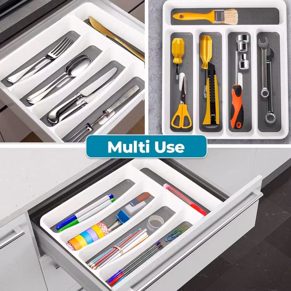 Top 3 5 Compartment Plastic Cutlery Tray Organiser in White and Grey – 5