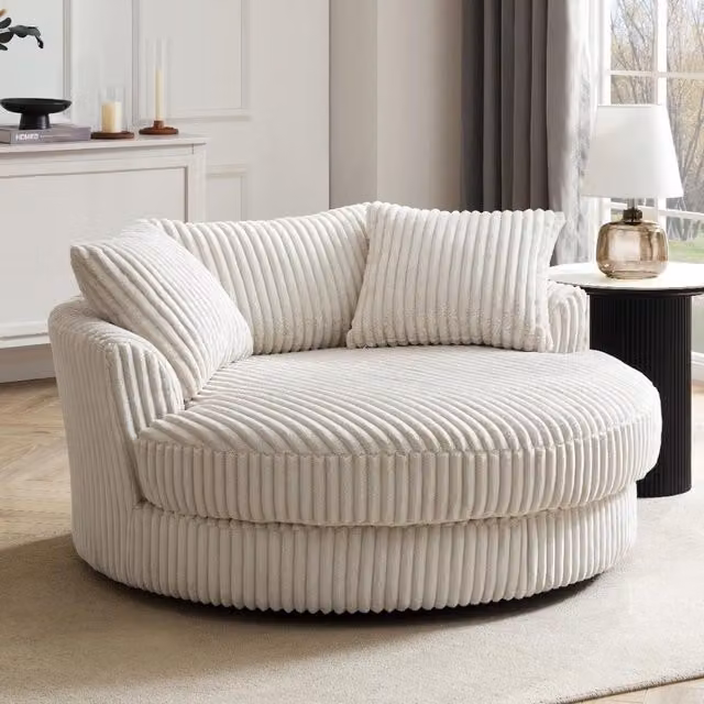 Sky Corduroy Swivel Loveseat in Cream with Scatter Cushions