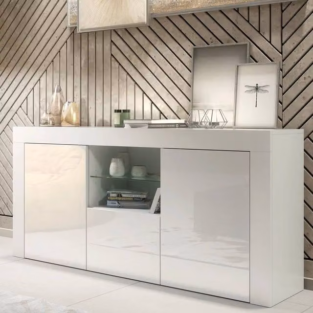 SPETLEK Modern Glossy White TV Unit and Sideboard Storage Cabinet with Glass Details – 1