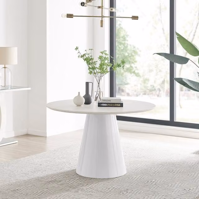 FurnitureboxUK Palma Round Pedestal Kitchen Dining Table in White and Beige Stone Effect, 6 Seat