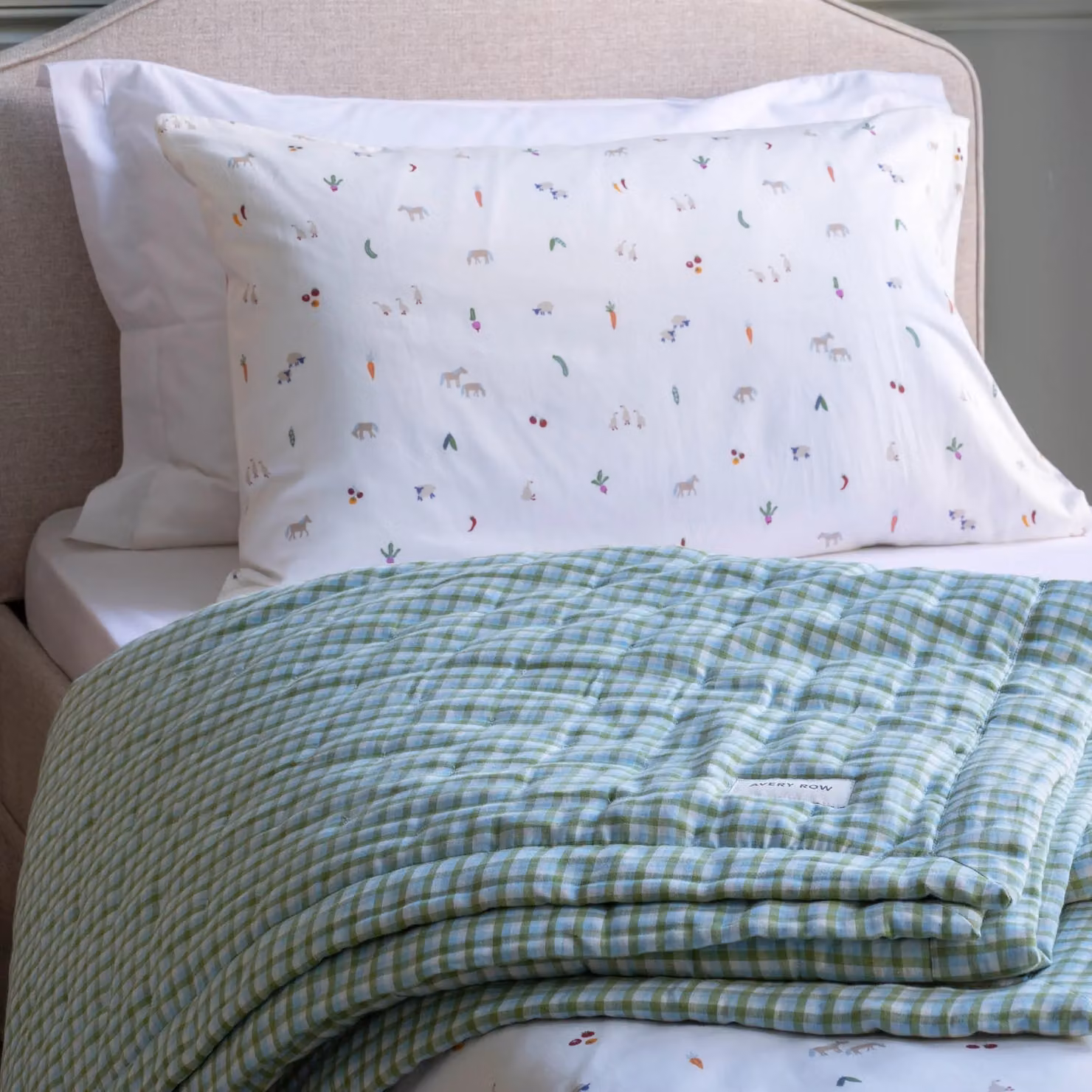 Avery Row Quilted Single Bedspread in Green Greenhouse Gingham Checked Pattern – 2