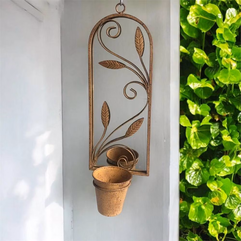 Nordara Rusty Metal Arched Garden Mirror with Floral Planter Pot in Brown, H 100 cm x W 15 cm – 6