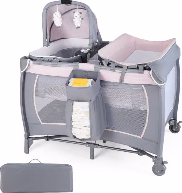 Costway Portable Pack Play Baby Playard with Bassinet, Grey