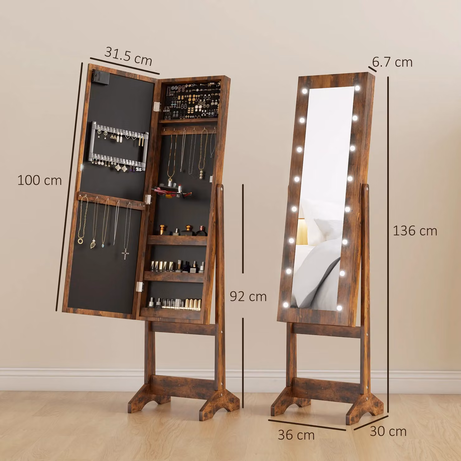 HOMCOM Free Standing LED Mirrored Jewelry Cabinet in Brown with Internal Shelves and Integrated Lighting – 3