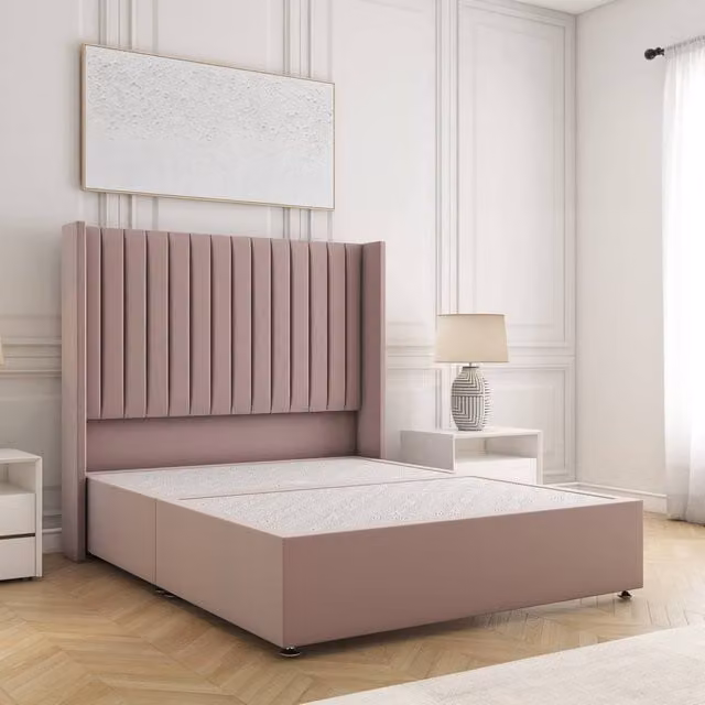 BSSPOKE Manhattan Single Divan Bed with 54 inch Plush Velvet Headboard in Pink