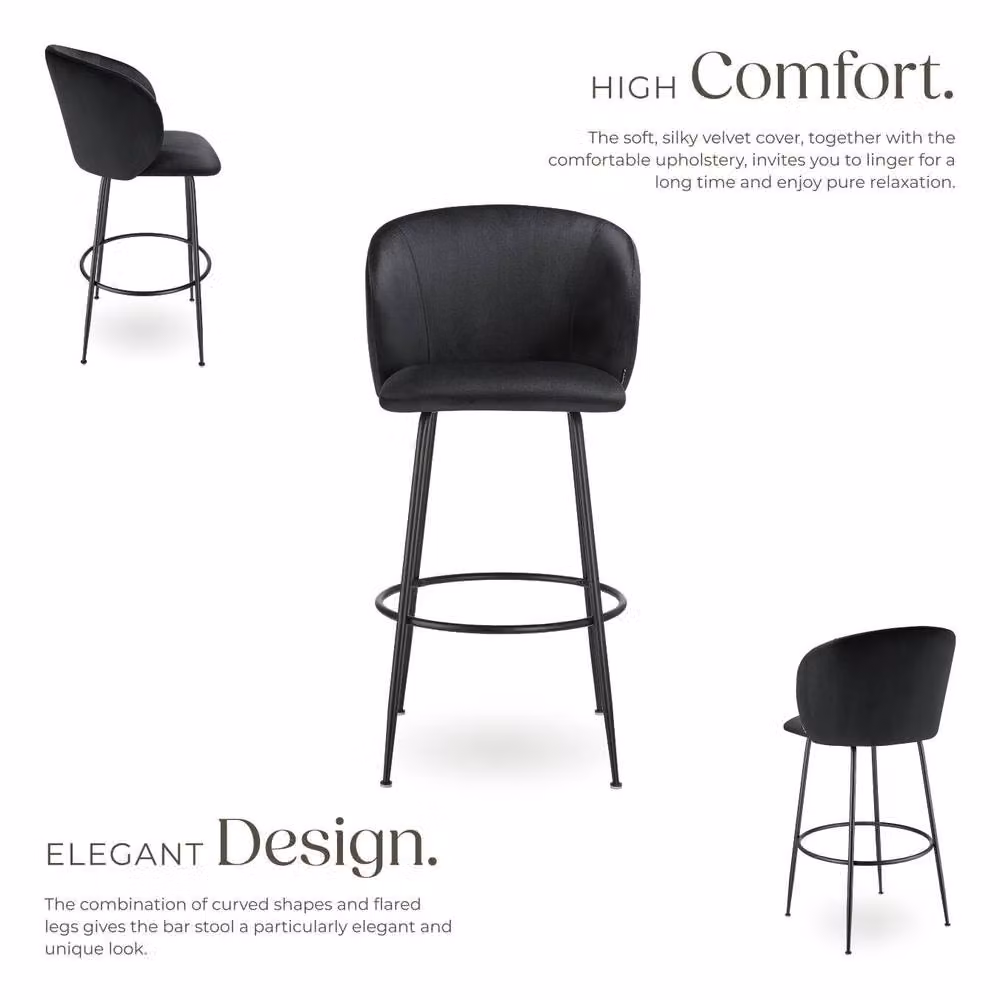 tectake Luana Bar Stool Set of 2, Black Velvet and Metal – 3