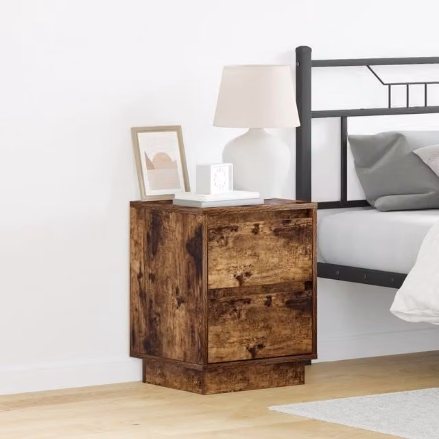 Berkfield Home Set of 2 Bedside Cabinets in Smoked Oak with Integrated LED Lights and Soft-Close Drawers, W/D/H: 39 x 34.5 x 50 cm