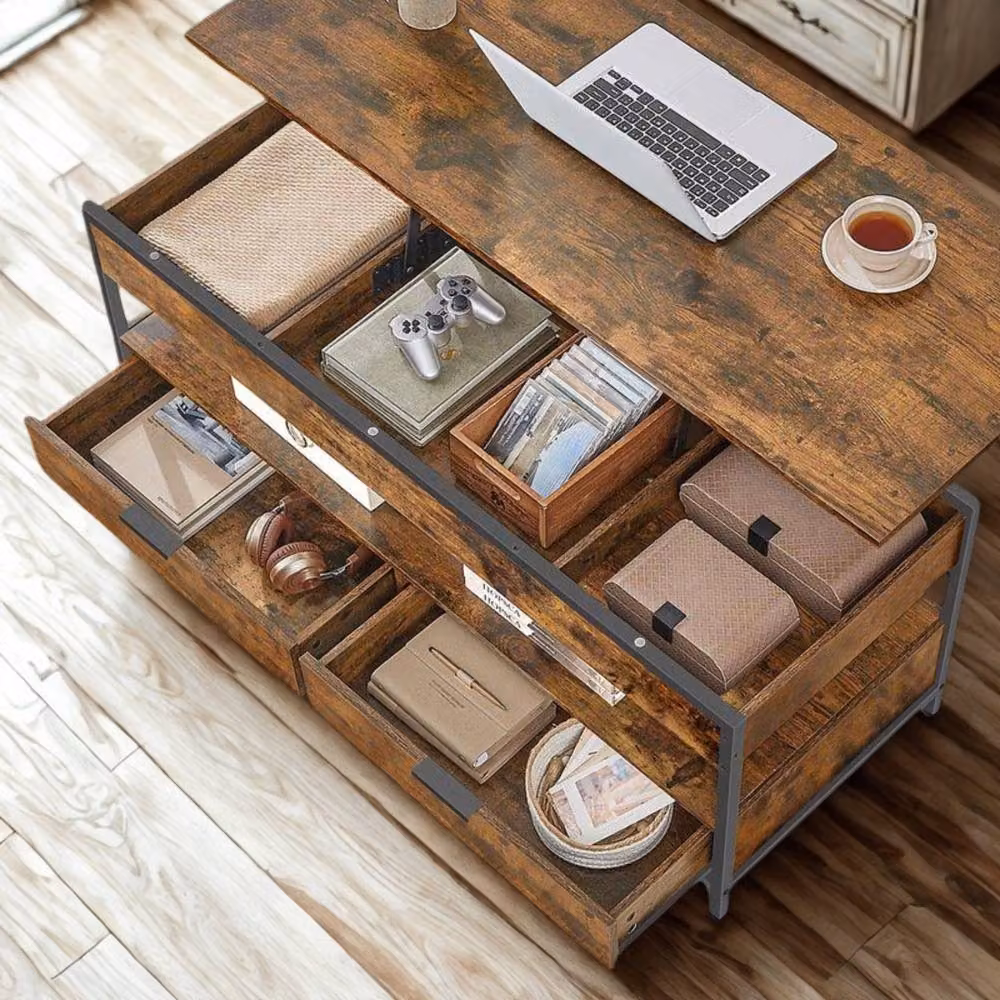 Pirlo Plush Industrial Lift Top Coffee Table with Drawers in Rustic Brown and Black – 5