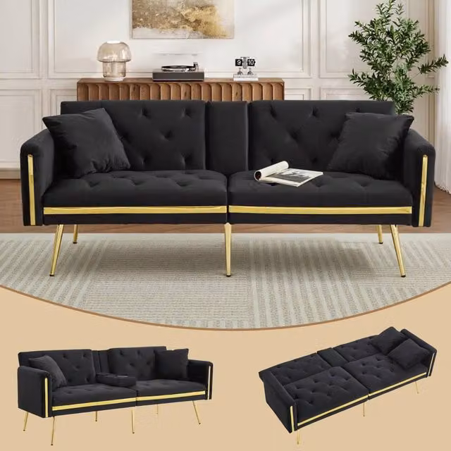 ModernLuxe Black Velvet 2-Seater Convertible Sofa Bed with Adjustable Headrest and Cup Holders – 1