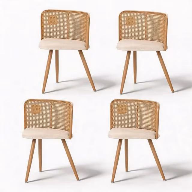 FURNITURE ONE Set of 2 Modern Rattan Dining Chairs with Velvet Upholstery and Mesh Cane Backrest in Sand Beige