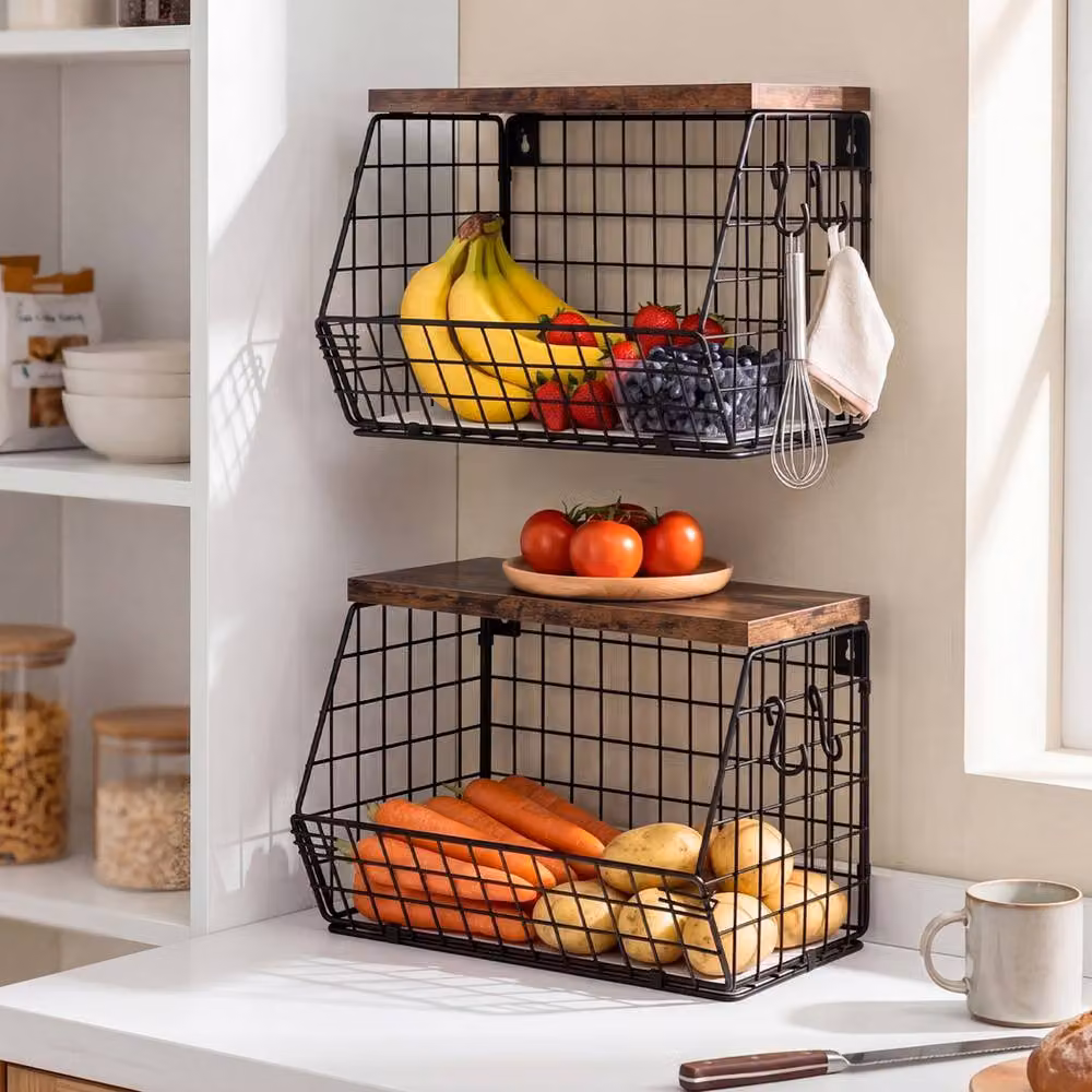 Toque Black Stackable Wire Fruit Basket with Wood Top and Wall Mount – 3