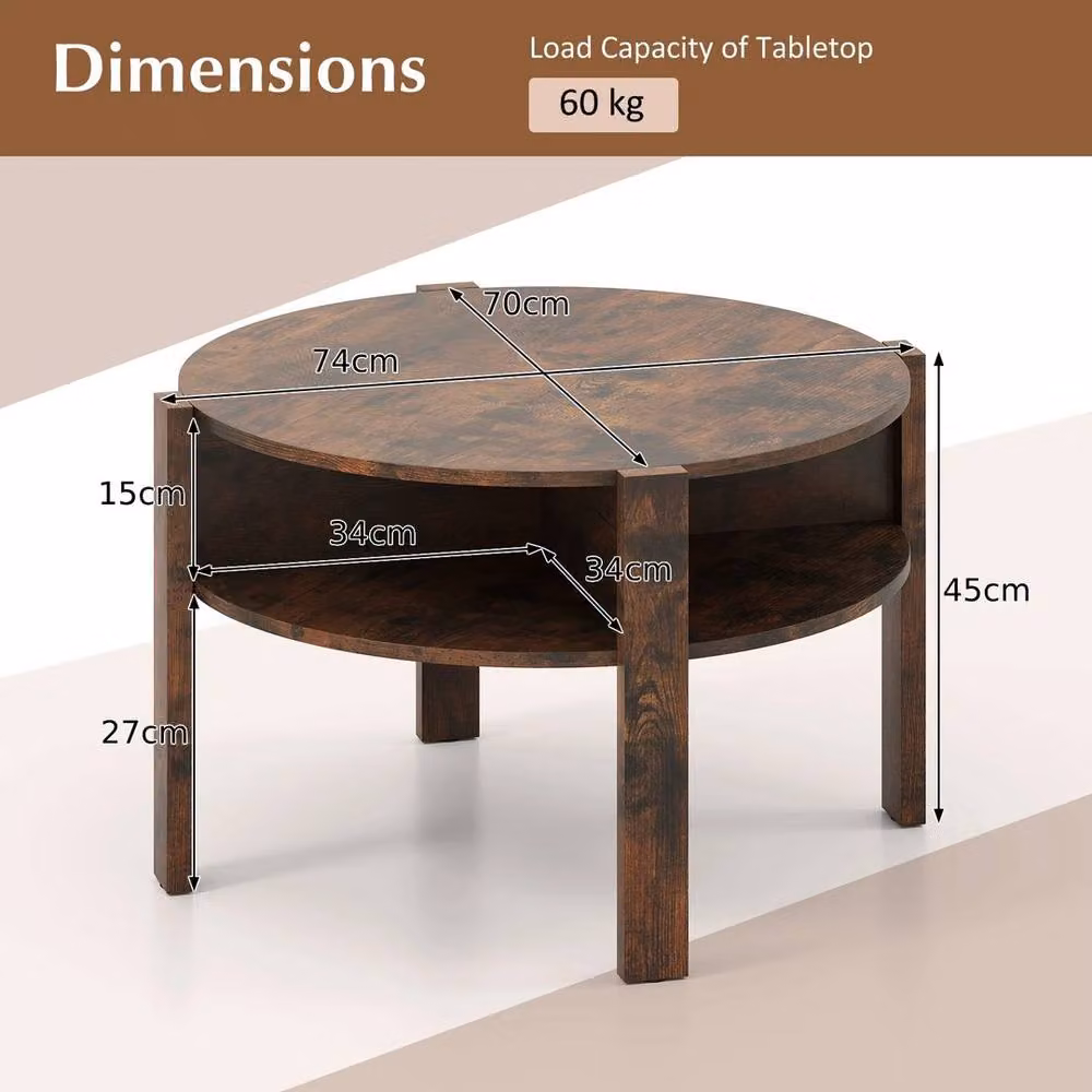 VOGREX Round Coffee Table in Brown with 4 Storage Shelves, W/D/H: 74 x 74 x 74 cm – 2