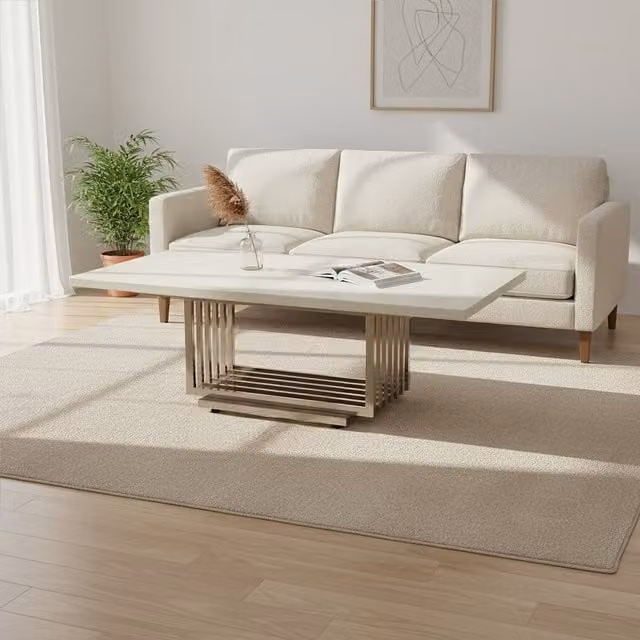 Fifty Five South Rectangular White Faux Marble Coffee Table with Silver Metal Frame