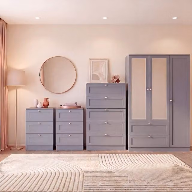 Vida Designs Altino White Bedroom Set including 2 x 3 Drawer Bedside Tables, 5 Drawer Chest and 3 Door 2 Drawer Wardrobe