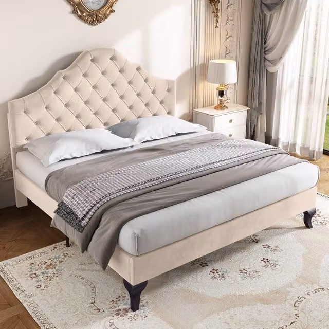 ModernLuxe Upholstered Double Bed in Beige Velvet with Adjustable Headboard and Slatted Frame, W/D/H: 141 x 193 x 118 cm