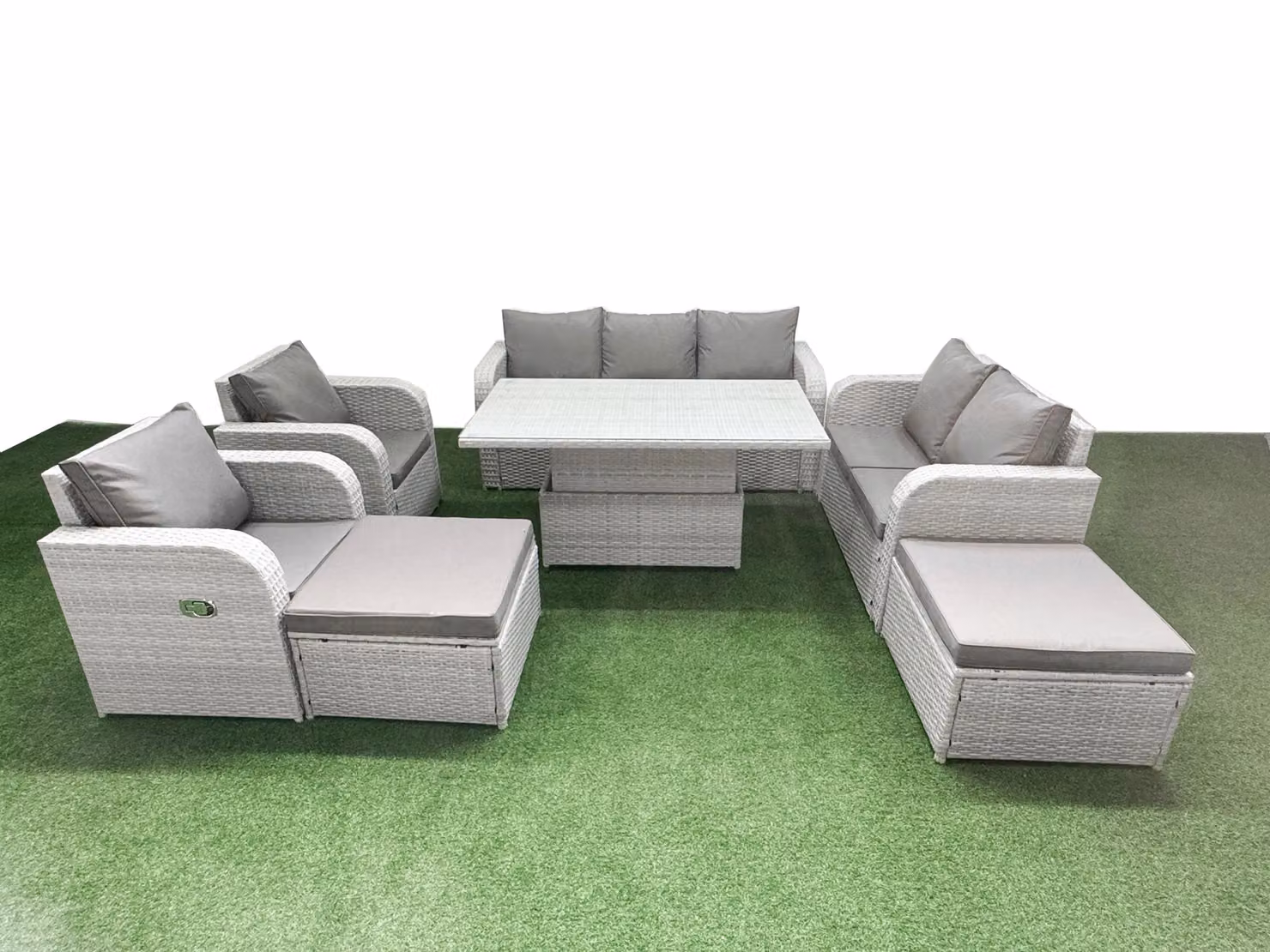 Fimous Grey PE Rattan Garden Furniture Set with U-Shaped 3 Seater Sofa, Reclining Chairs, and Coffee Table – 2