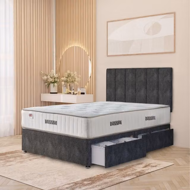 Somnior Beds Ltd Austin Tweed Fabric Orthopaedic Divan Storage Bed with Hybrid Mattress and 32 inch Headboard, Grey/Anthracite, W: 120 cm, D: 200 cm