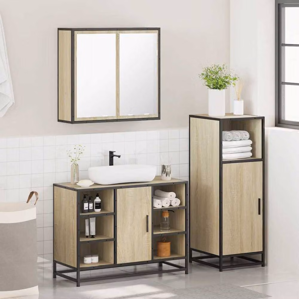 Berkfield Home 3 Piece Industrial Bathroom Furniture Set in Sonoma Oak and Beige – 2