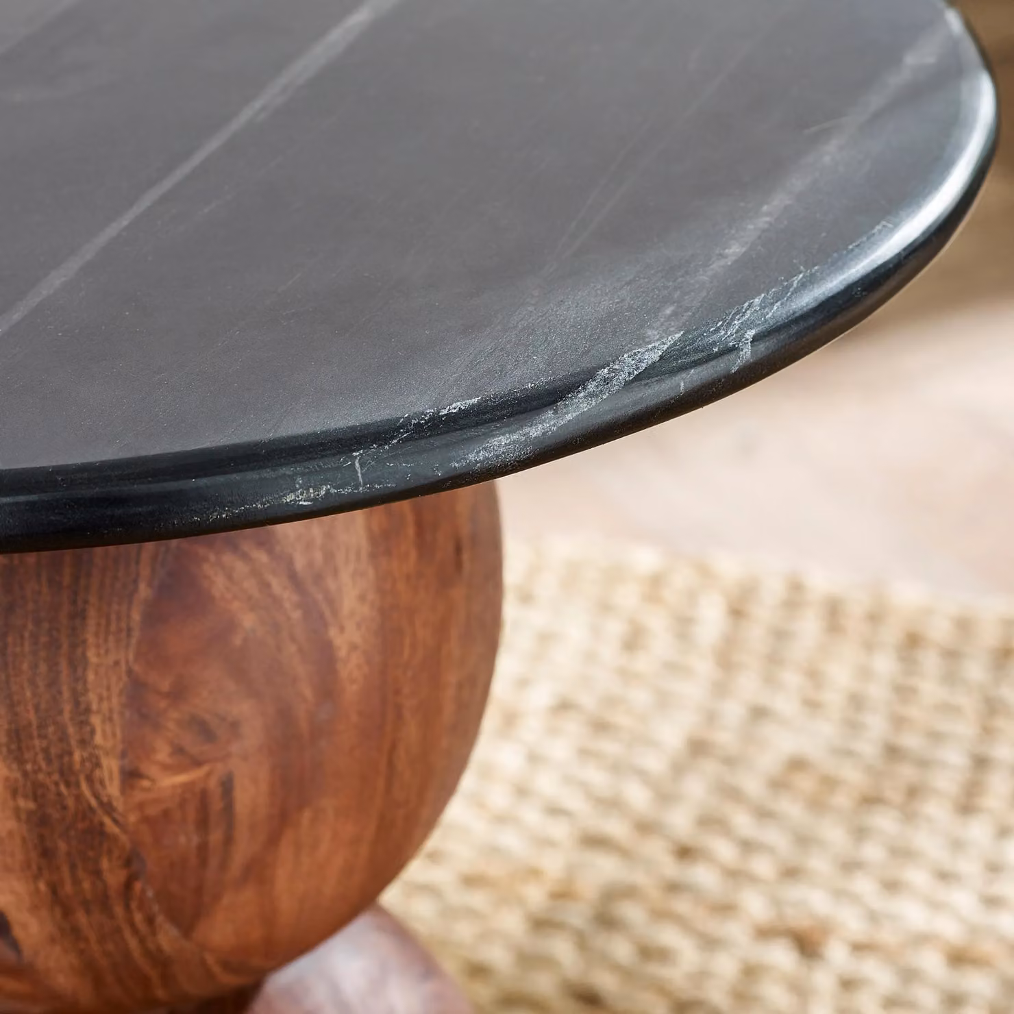 FurnitureboxUK Veer Round Black Marble and Solid Acacia Wood Side Table – 4